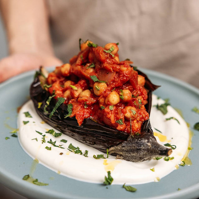 Baked Aubergines with Spicy Braised Chickpeas and Yogurt