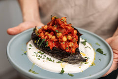 Baked Aubergines with Spicy Braised Chickpeas and Yogurt