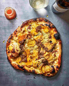 Chanterelle and Sweet Potato Pizza with Sour Tomato Sauce and Pumpkin Seed Butter