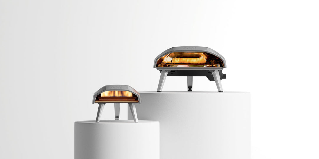 Ooni Koda 16 and Koda 12 showcased on white pillars