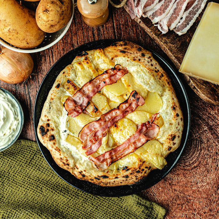 Savoyarde Pizza with Crème Fraîche, Onions, Bacon and Potatoes