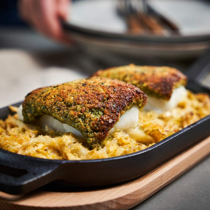 Schlemmerfilet – Herb-crusted cod with creamed Savoy cabbage