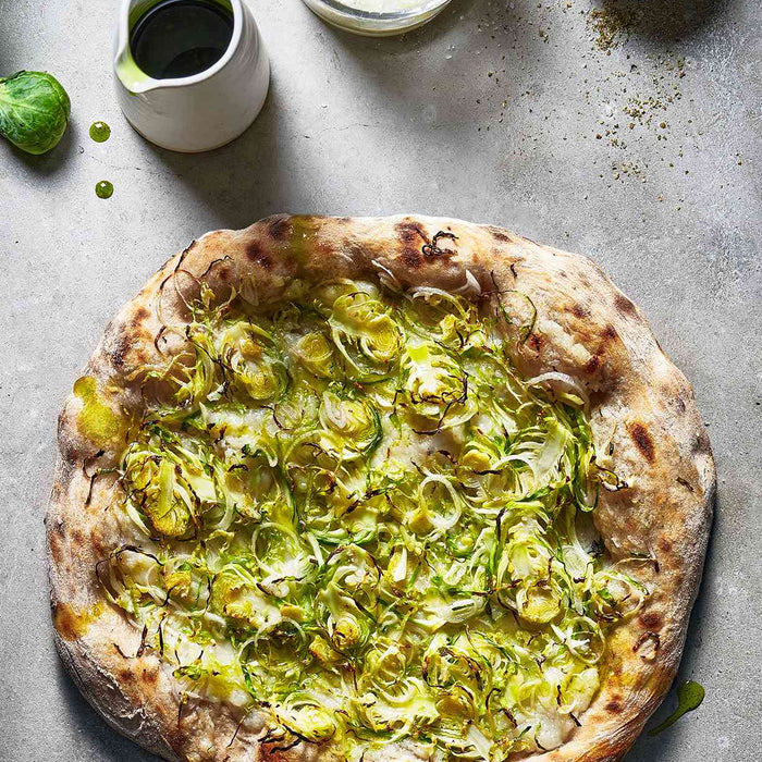 Jerusalem Artichoke and Brussels Sprout Pizza with Garlic and Herb Oil