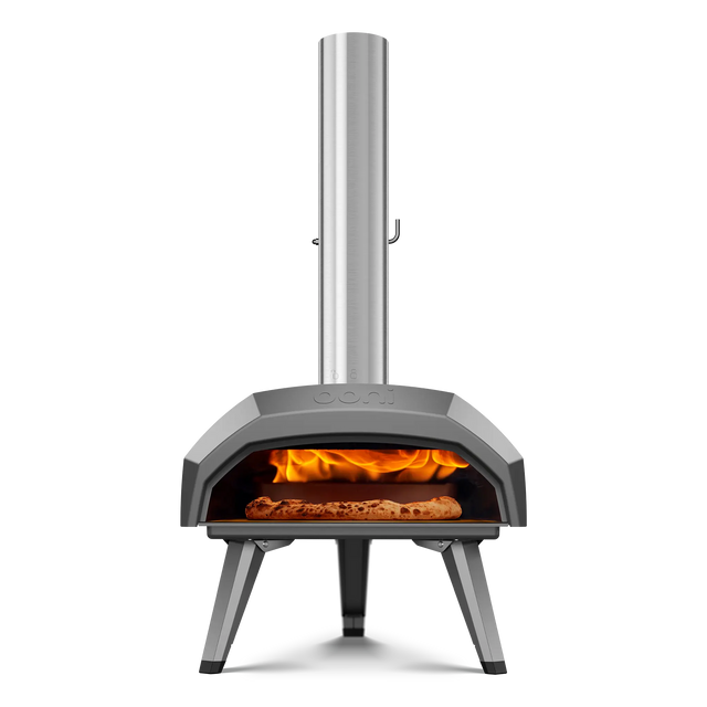 Ooni Karu 12 outdoor pizza oven front view with pizza