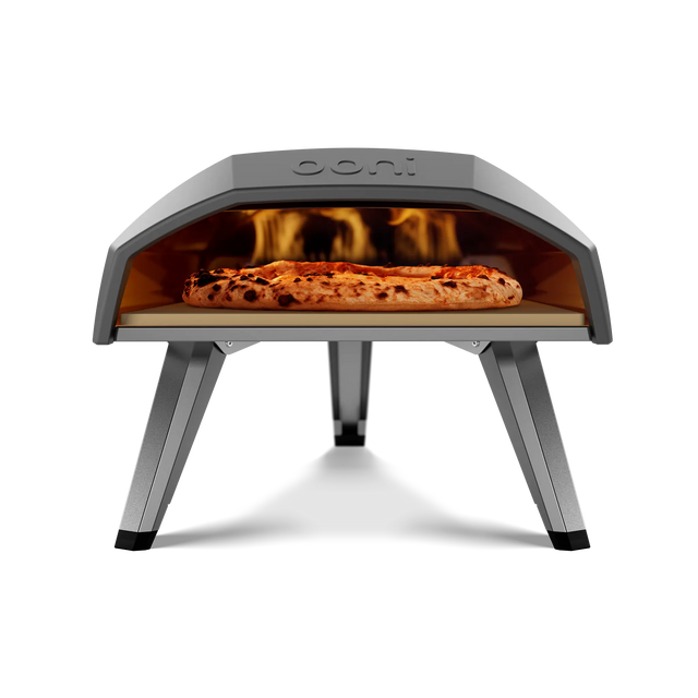 Ooni Koda 12 outdoor pizza oven front view with pizza