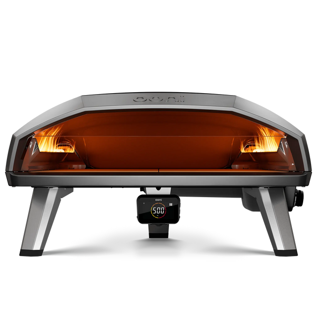 front view of Ooni koda 2 Max Pizza Oven. flames on