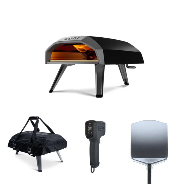 Koda 12 essentials bundle featuring ooni koda 12 gas powered pizza oven, cover, pizza peel and digital thermometer on white background