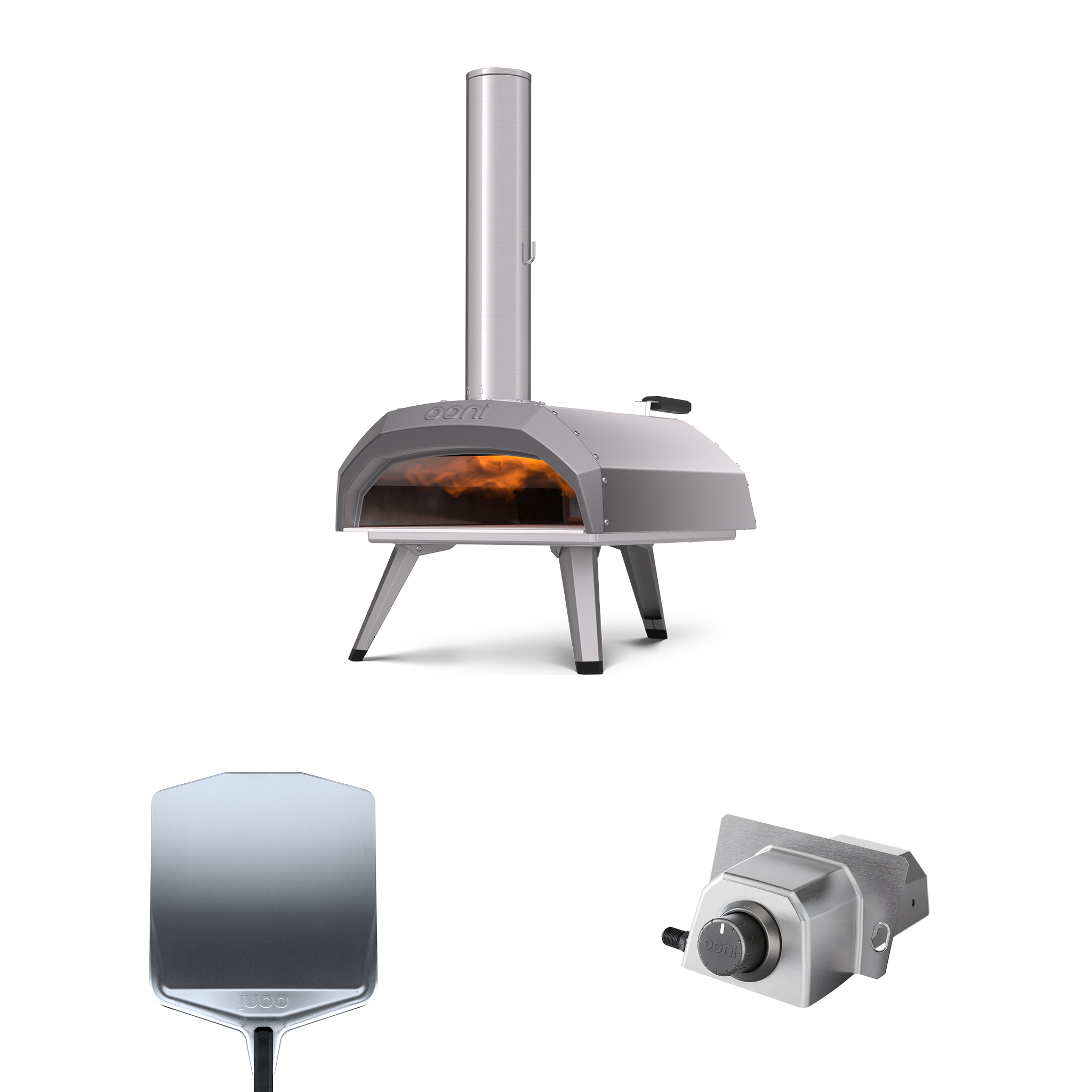 Karu 12 essentials bundle featuring ooni karu 12 multi-fuel pizza oven, pizza peel and gas burner on white background