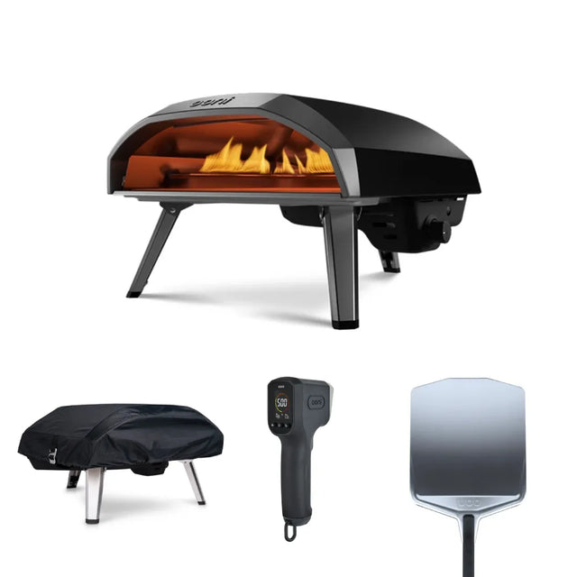 Koda 16 essentials bundle featuring ooni koda 16, cover, pizza peel and digital thermometer on white background