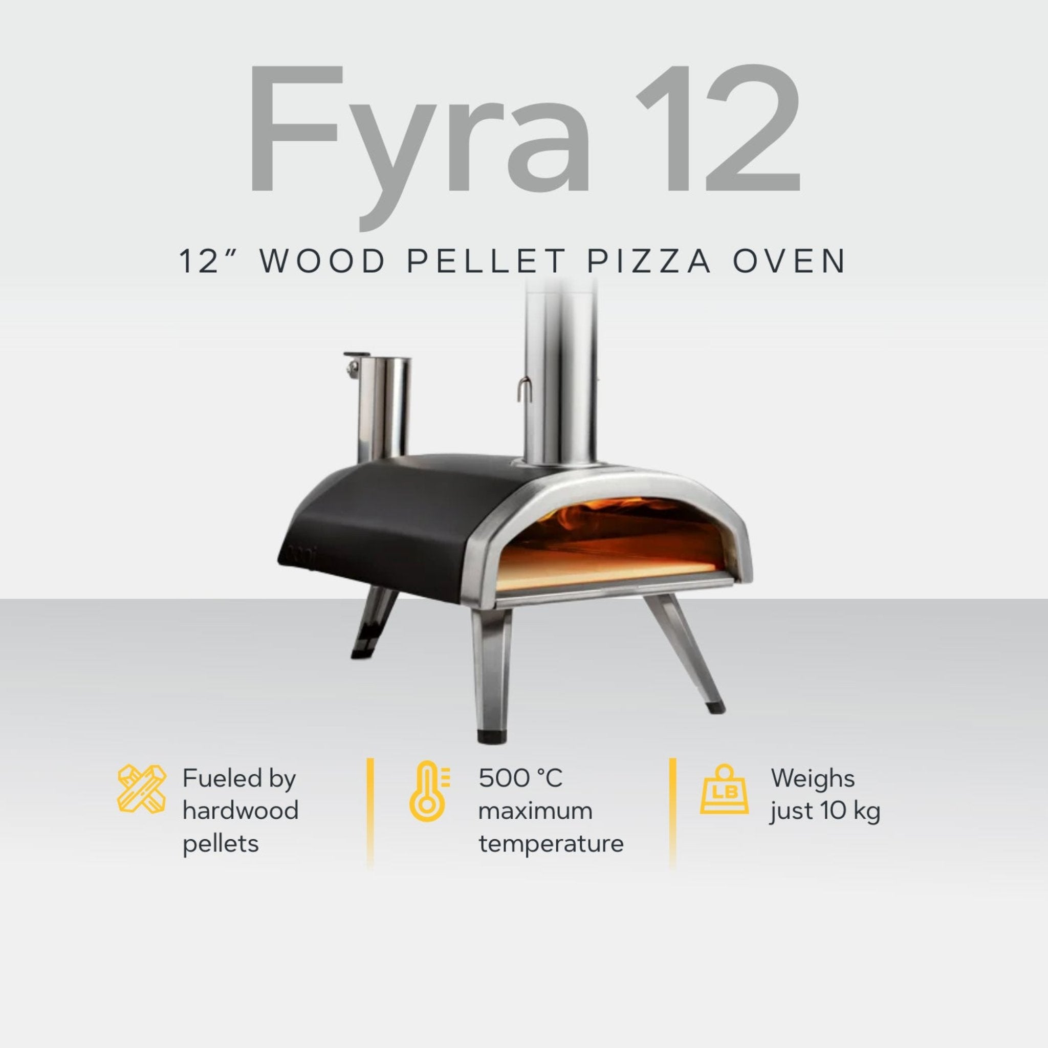Ooni Fyra 12 12" Wood Pellet Pizza Oven with white background and description of key features #variant-2