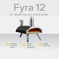 Ooni Fyra 12 12" Wood Pellet Pizza Oven with white background and description of key features