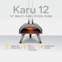 Ooni Karu 12" Multi-Fuel Pizza Oven on white background with benefits of oven