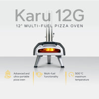 Ooni Karu 12G 12" Multi-Fuel Pizza Oven with white background and description of key features