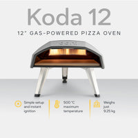 Ooni Koda 12 12" Gas-Powered Pizza Oven with white background and description of key features