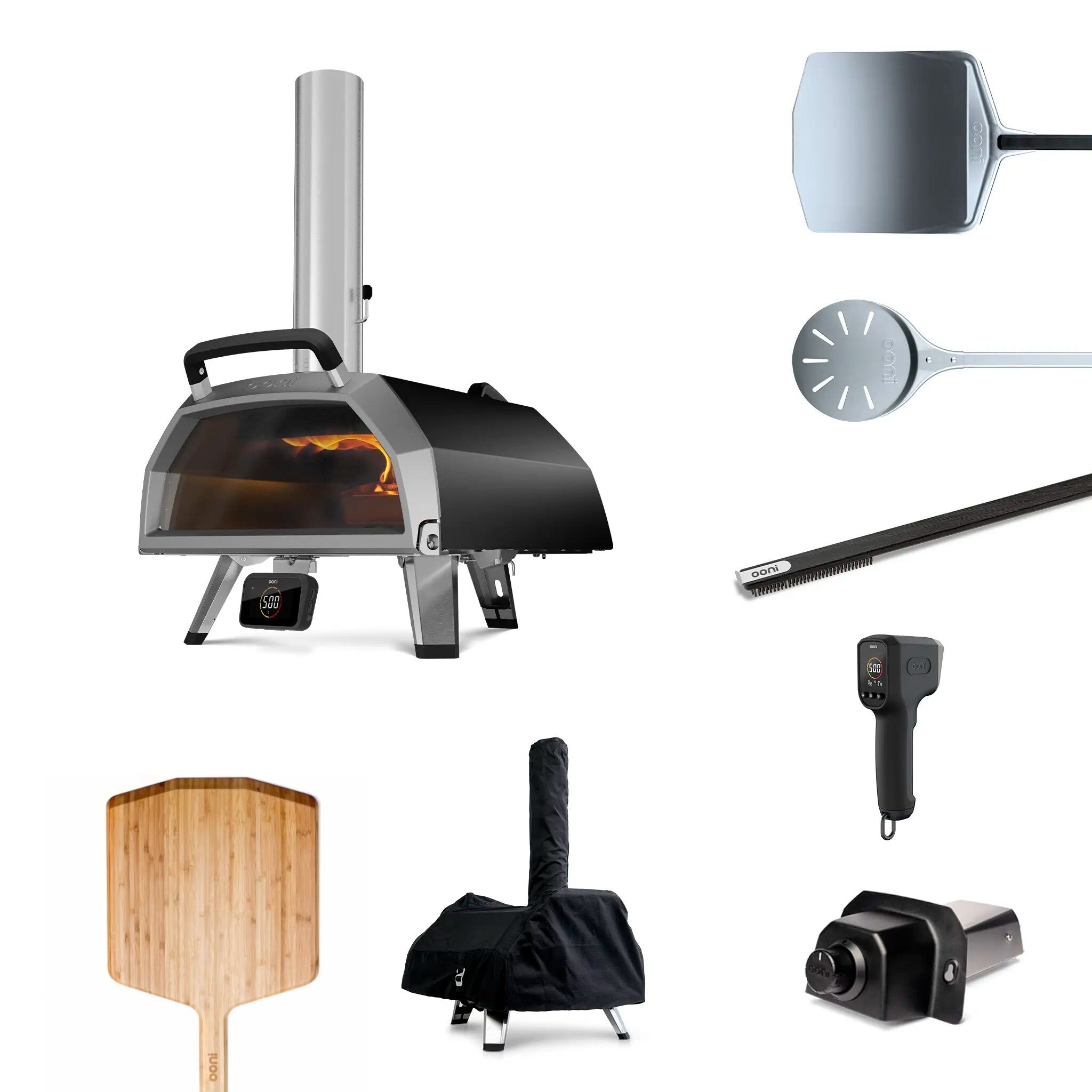 Karu 2 Pro Ultimate bundle including pizza oven, pizza peel, turning peel. pizza oven brush, digital infrared thermometer, gas burner, pizza oven cover and bamboo peel. 