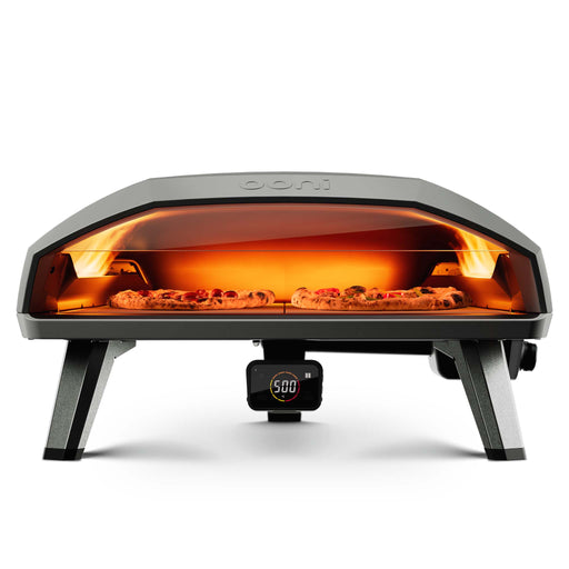 Ooni Koda 2 Max outdoor pizza oven viewed face on, baking two pizzas.
