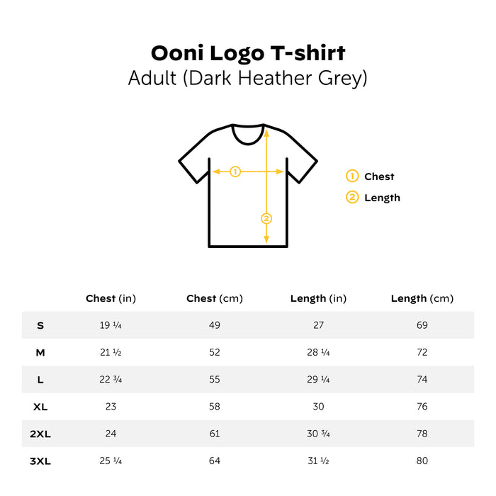 Ooni Logo T-Shirt Dark Grey Size Guide | Click this image to open up the product gallery modal. The product gallery modal allows the images to be zoomed in on.