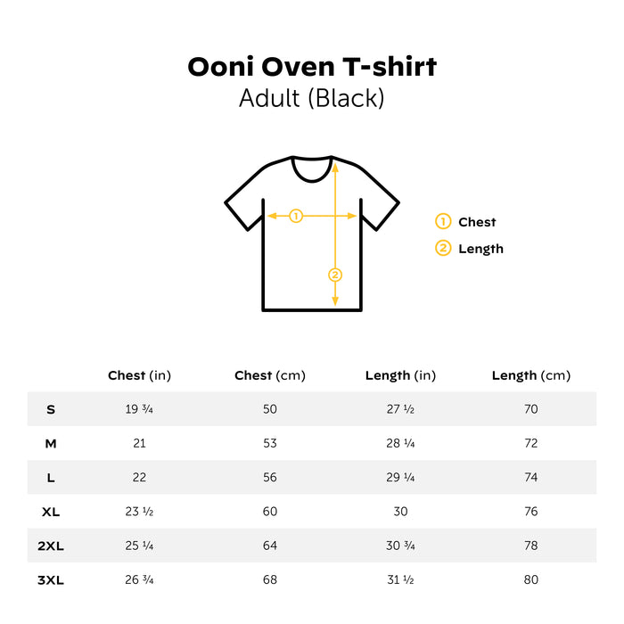 Ooni Oven T-Shirt Size Guide | Click this image to open up the product gallery modal. The product gallery modal allows the images to be zoomed in on.